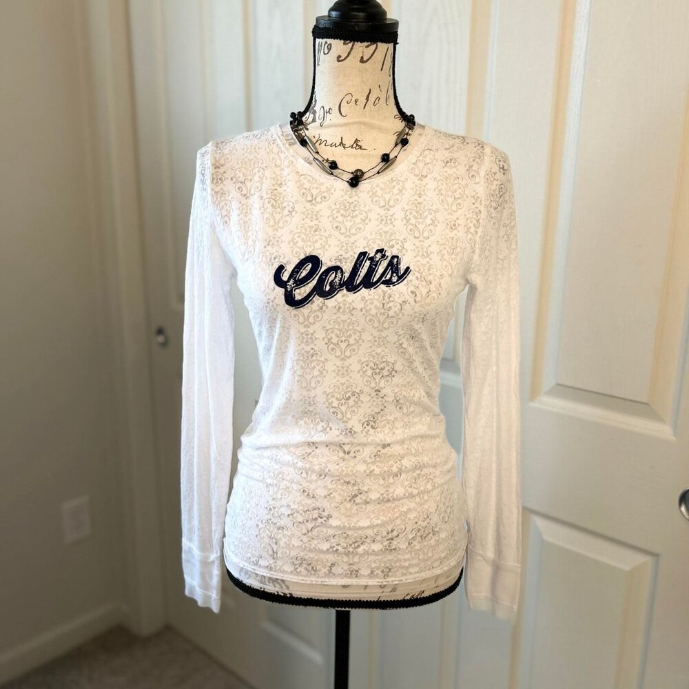 Colts White Couture with Chiffon Accents and Sheer Filigree throughout this Top